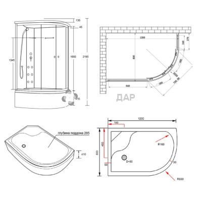 Гідробокс Lidz TANI 120x80L.GR, високий, скло тоноване, стінки чорні