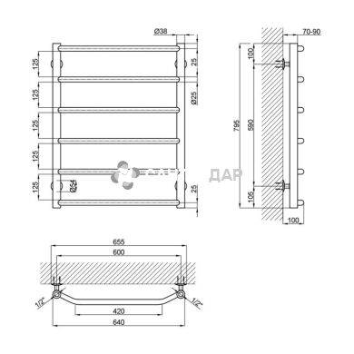 Рушникосушарка водяна Lidz Trapezium (CRM) D38/25 600x800 P6
