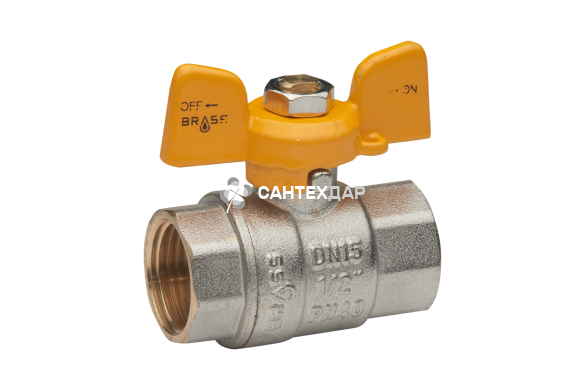 Кран шаровой Brass для газа 15 мм 1/2" ВВ PN40 желтая бабочка