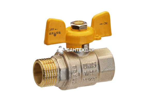 Кран шаровой Brass для газа 15 мм 1/2" НВ PN40 желтая бабочка