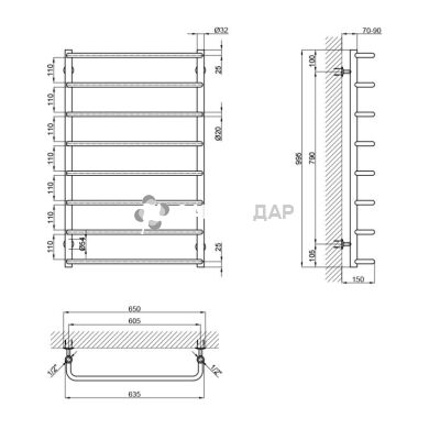 Рушникосушарка водяна Lidz Standard (CRM) D32/20х1/2" 600x1000 P8