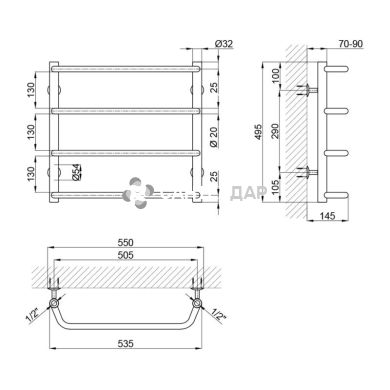 Рушникосушарка водяна Lidz Standard (CRM) D32/20х1/2" 500x500 P4