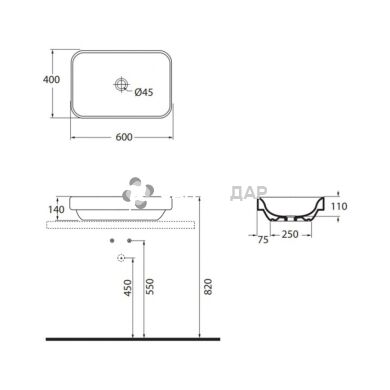 Раковина Elegance soft ESO60B1 чаша на стільницю без донного клапану whiteсм60x40xh14 Azzurra