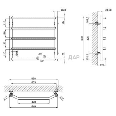 Рушникосушарка водяна Lidz Trapezium (CRM) D38/25 600x600 P5