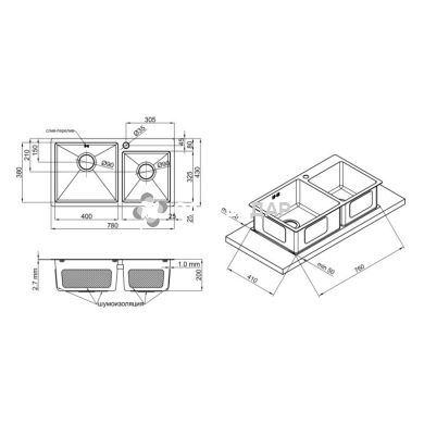 Мийка кухонна з нержавіючої сталі Qtap S7843BL 2.7/1.0 мм