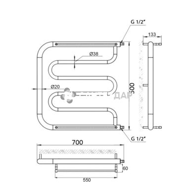 Рушникосушарка водяна UA Змійовик ПМ D38/20х1/2" 50х70