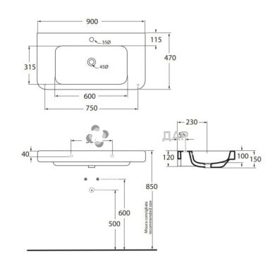 Раковина Tulip TUL290MB1 white навісна/меблева без донного клапану см 90x48xh15 Azzurra